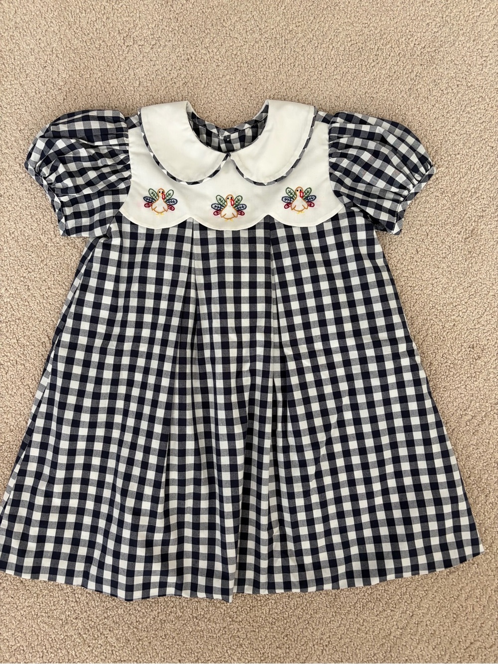 Navy Gingham Peter Pan Collar Kids Dress with Embroidery
